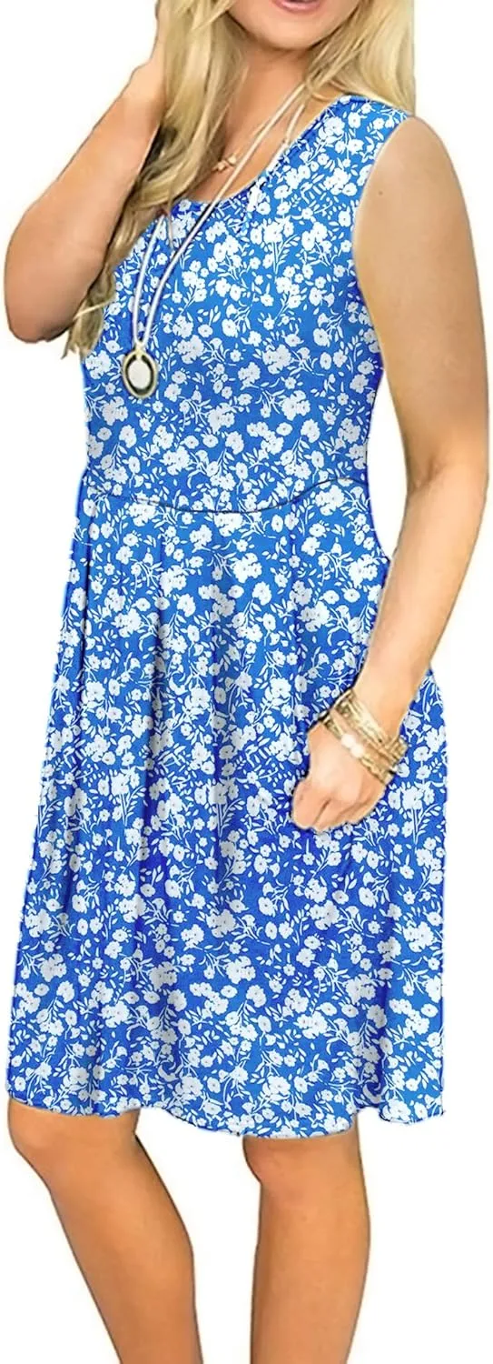 AUSELILY Women's Sleeveless Dresses for Women 2025 Pleated Loose Swing Knee Length Dress with Pockets