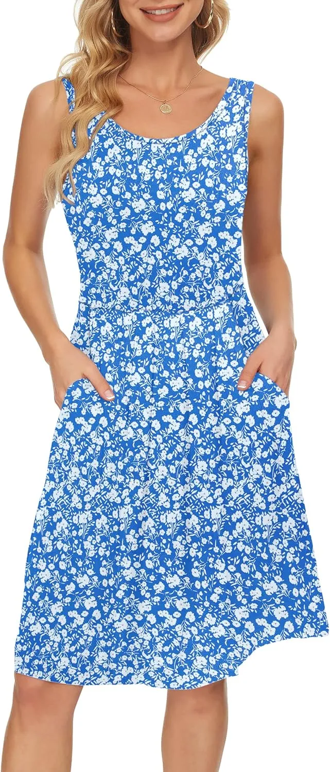 AUSELILY Women's Sleeveless Dresses for Women 2025 Pleated Loose Swing Knee Length Dress with Pockets