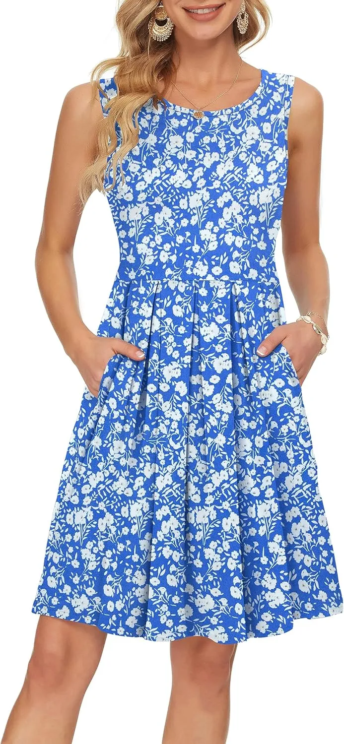 AUSELILY Women's Sleeveless Dresses for Women 2025 Pleated Loose Swing Knee Length Dress with Pockets