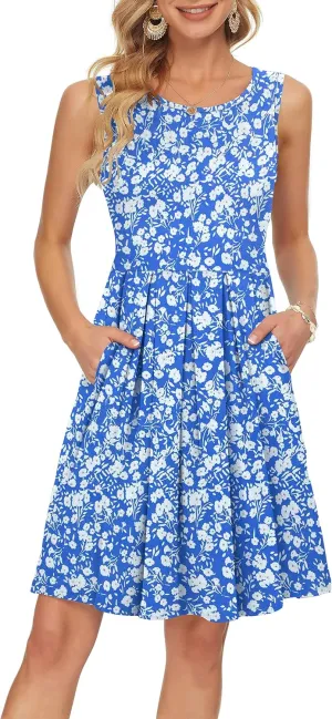 AUSELILY Women's Sleeveless Dresses for Women 2025 Pleated Loose Swing Knee Length Dress with Pockets