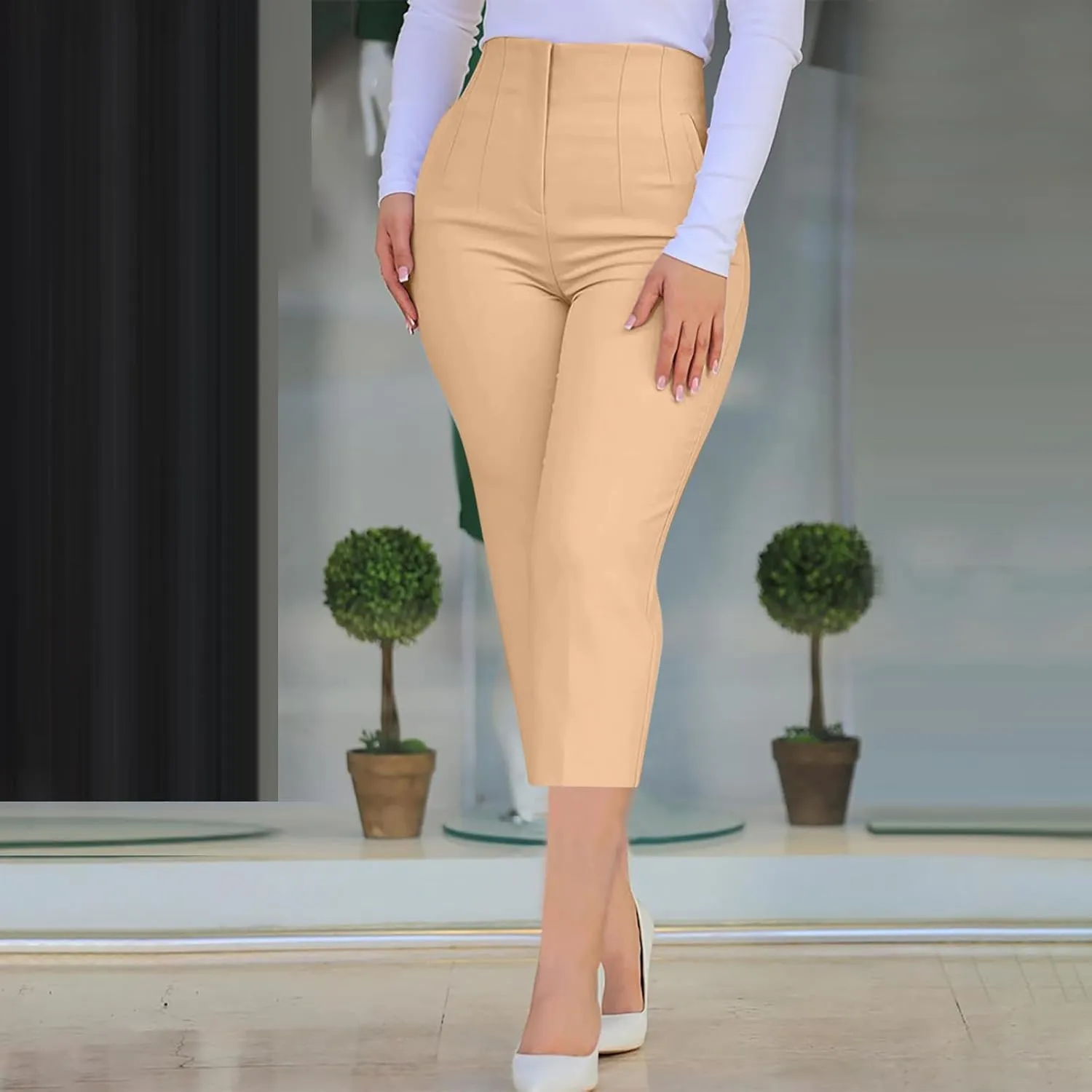 Hvyesh Womens Business Casual Capri Pants Summer Trendy 2025 Pleated High Waisted Capris for Women Wide Leg