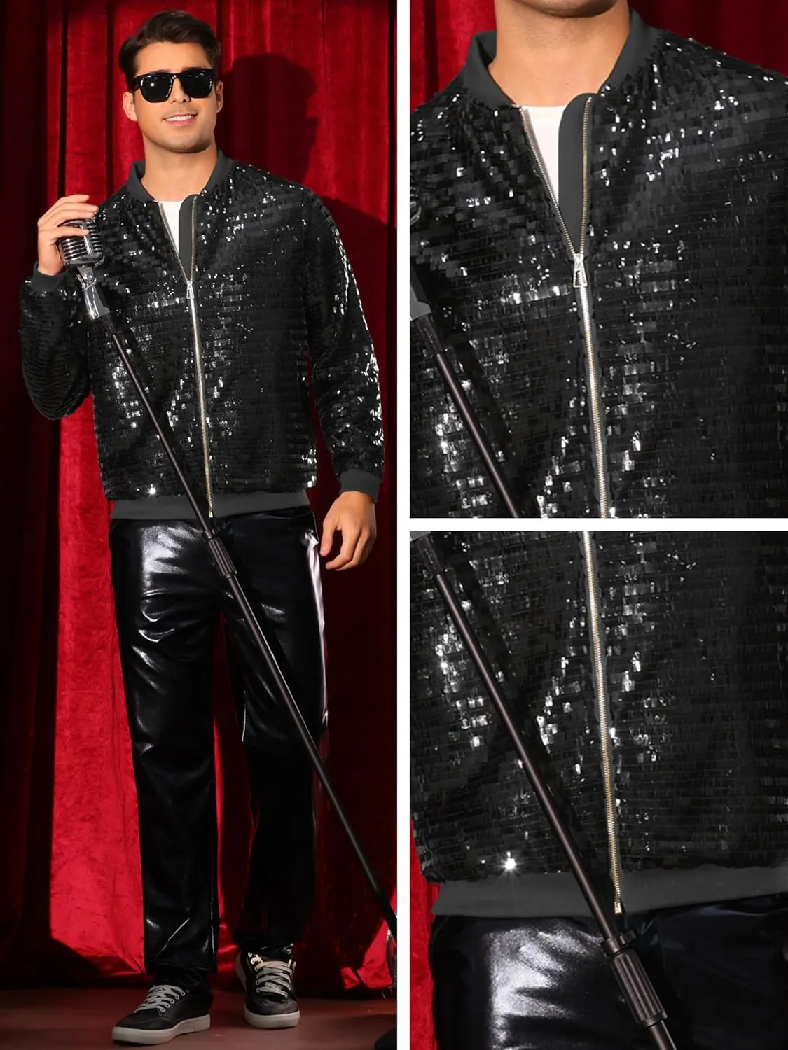 Lars Amadeus Sequin Varsity Jackets for Men's Zipper Festival Disco Sparkly Shiny Baseball Bomber Jacket