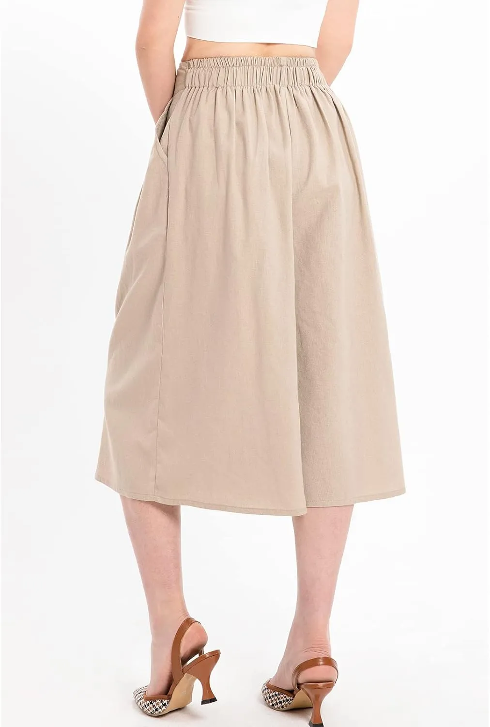 Lisskolo Women's Baggy Linen Wide Leg Palazzo Capris Pull On Embriodered Solid Summer Beach Cropped Culottes Pants Pocketed