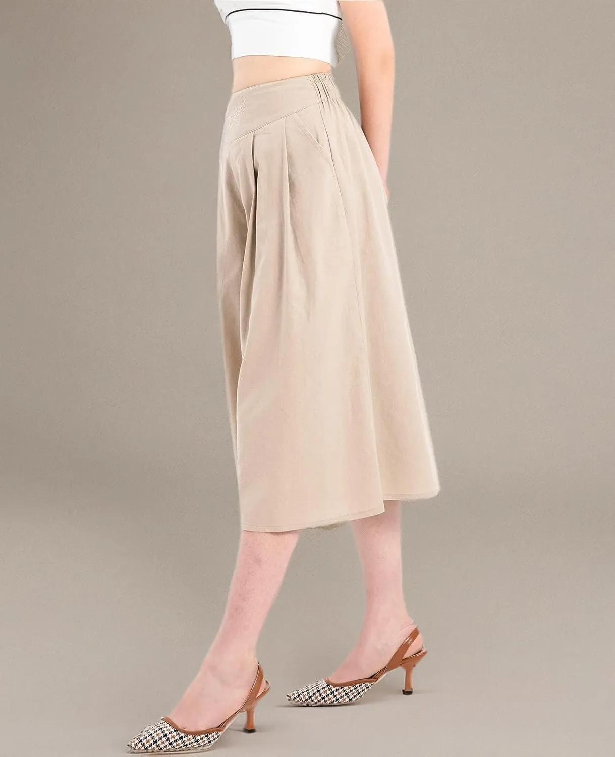 Lisskolo Women's Baggy Linen Wide Leg Palazzo Capris Pull On Embriodered Solid Summer Beach Cropped Culottes Pants Pocketed