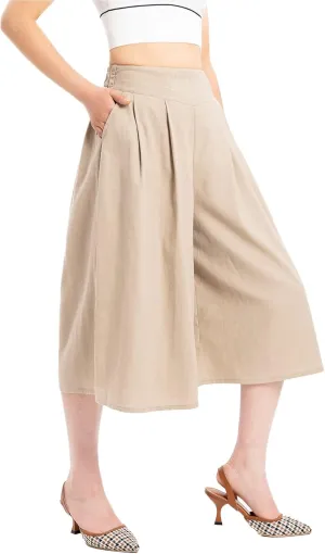 Lisskolo Women's Baggy Linen Wide Leg Palazzo Capris Pull On Embriodered Solid Summer Beach Cropped Culottes Pants Pocketed