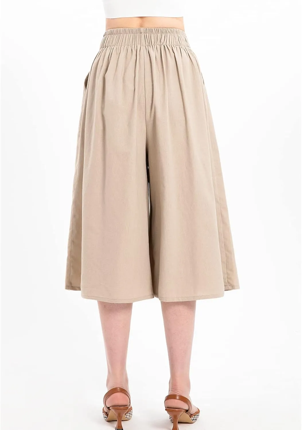 Lisskolo Women's Baggy Linen Wide Leg Palazzo Capris Pull On Embriodered Solid Summer Beach Cropped Culottes Pants Pocketed