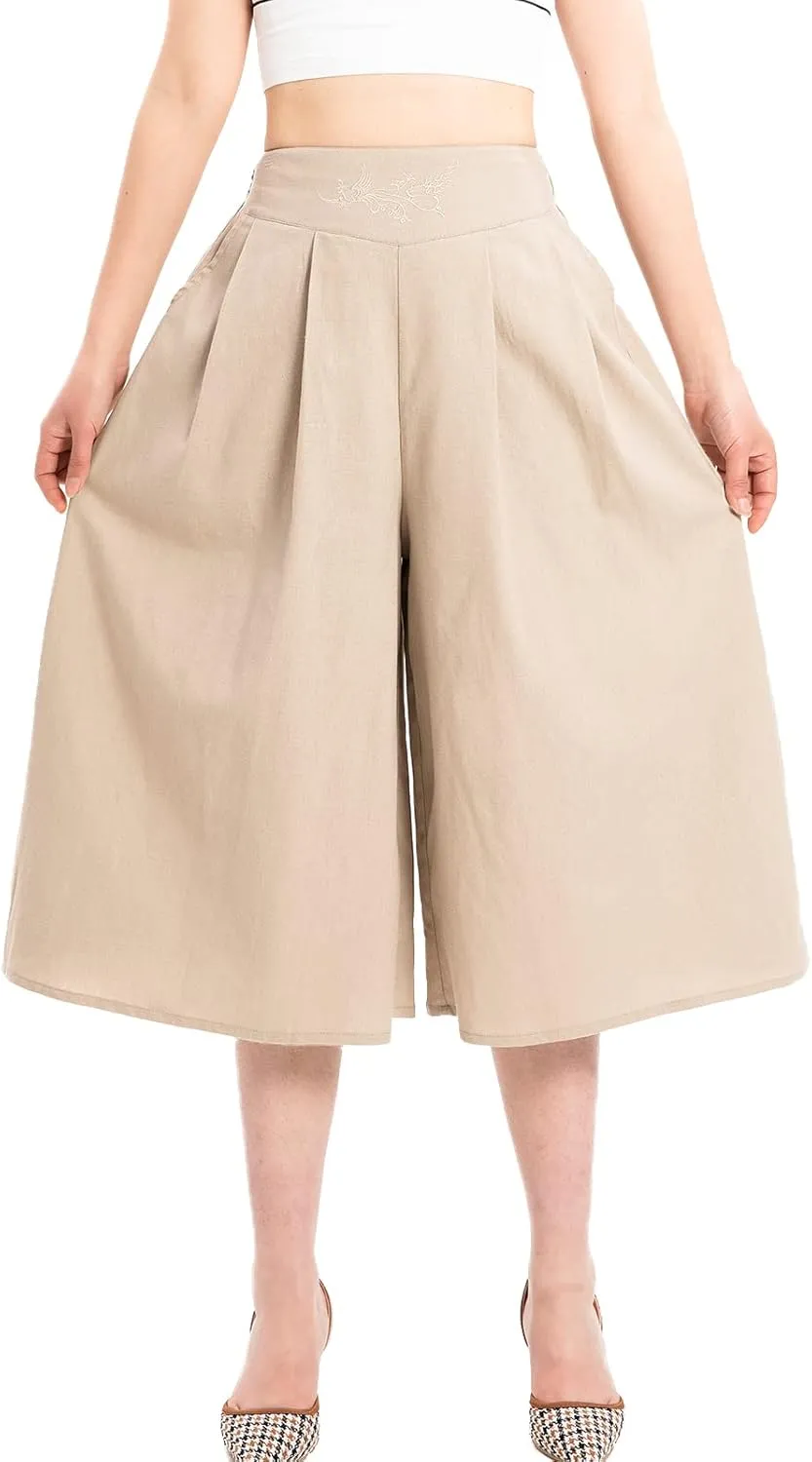 Lisskolo Women's Baggy Linen Wide Leg Palazzo Capris Pull On Embriodered Solid Summer Beach Cropped Culottes Pants Pocketed
