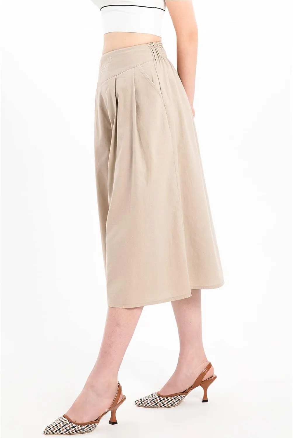 Lisskolo Women's Baggy Linen Wide Leg Palazzo Capris Pull On Embriodered Solid Summer Beach Cropped Culottes Pants Pocketed