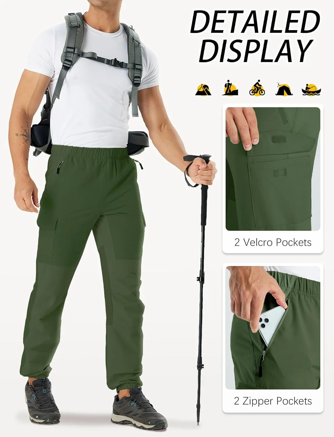 Mens Hiking Pants Cargo Sweatpant with Zipper Pocket Stretch Tactical Trousers Jogger Pant for Travel